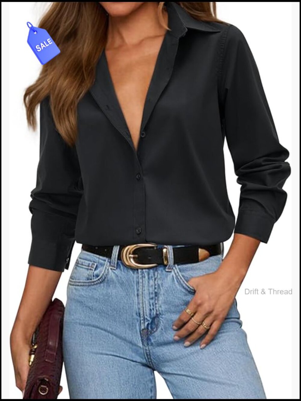 Button Down Shirt Women Cotton Long Sleeve Collared Blouse Office Work Top